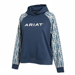 Ariat Tek Cold Series Blue White Geometric Long Sleeve Front Pocket Hoodie Top